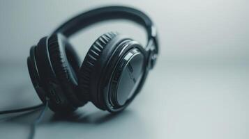 Black wireless headphones resting on a table, ready for use in listening to music photo