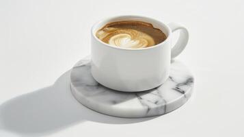 White cup of coffee with latte art placed on a round marble coaster against a white backdrop photo