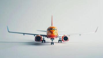 Miniature toy airplane stands on a blank white surface, symbolizing the idea of aviation photo