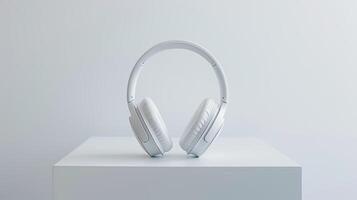 White wireless headphones placed on a white surface with a white background photo