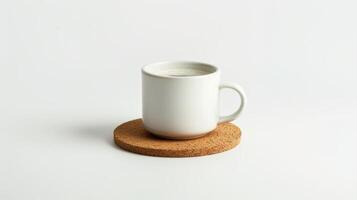 White coffee mug on a cork coaster against a white background photo