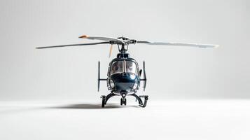 Blue toy helicopter model is positioned on a white surface with its rotor blades in motion photo