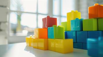 Vibrant toy blocks arranged on a table in front of a sunny window photo