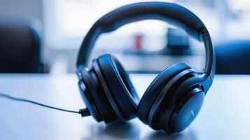 Black wireless headphones resting on a desk in an office, prepared for a productive day photo