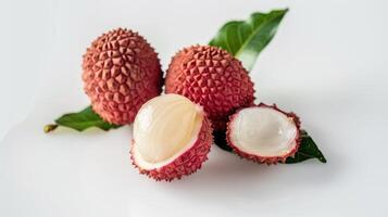 Ripe lychee fruits arranged on a white surface, some sliced open to reveal the juicy pulp and seeds photo