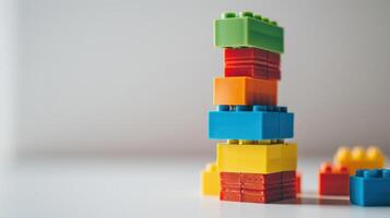 Colorful tower of toy bricks stands on a white tabletop, celebrating the fun and imagination photo