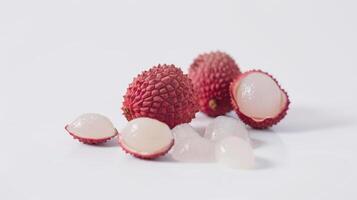 Several lychee fruits are laying on a white surface, some of them are cut open showing the pulp photo