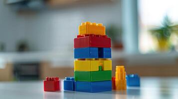 Vibrant toy building blocks forming a tower on a white tabletop in a home setting photo