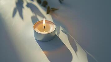 Small candle burning and casting long shadows on a table in a naturally lit room photo