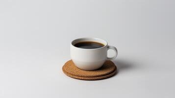 Black coffee fills a white cup placed on a round cork coaster against a white backdrop photo