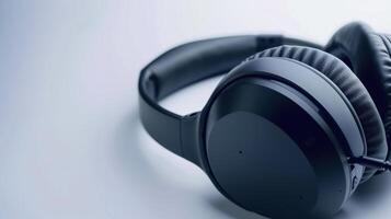 Black wireless headphones with noise cancellation resting on a white surface photo