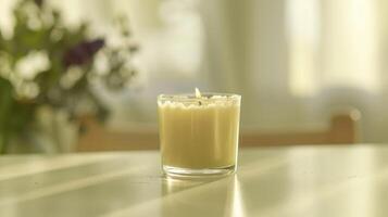 Gentle scented candle fills a sunny space with cozy warmth and peaceful tranquility photo