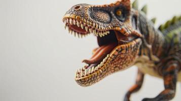 Plastic dinosaur toy with a fierce roar, bared teeth, and visible tongue exudes danger photo