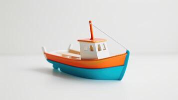 Colorful toy fishing boat standing on a white surface, representing concepts like childhood photo