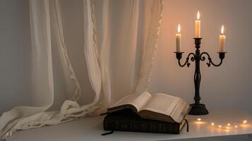 Candles on a candelabrum illuminate an open book, with fairy lights creating a cozy ambiance photo