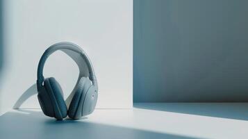 Modern over-ear headphones with noise cancellation technology, resting on a sleek white surface photo