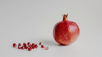 Solo, ripe pomegranate rests on a white surface, with a few of its seeds scattered nearby photo