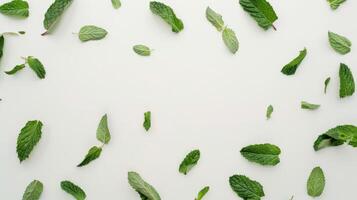 Mint leaves arranged in a frame on a white background with space for text in the center photo