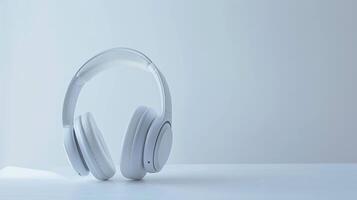 Modern wireless headphones placed on a white surface with a light blue background photo