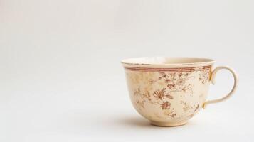 Vintage tea cup adorned with a floral design sits against a white backdrop photo