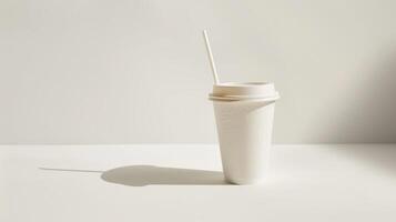 White paper coffee cup with a white lid and straw creating a shadow on a desk against a white drop photo