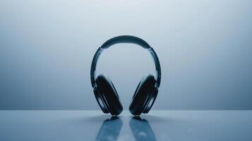 Reflective surface background with noise-cancelling black headphones against solid color background photo