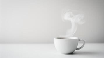 Simple and minimalist scene with a white coffee cup on a white table photo