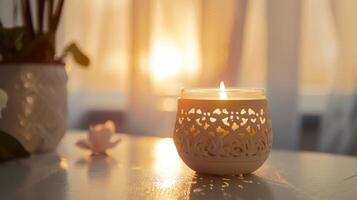 White candle glowing on table with sunset light in background, creating cozy atmosphere photo