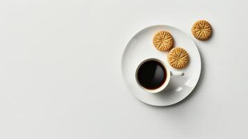 Coffee cup sits on a white plate with cookies, beckoning you to take a peaceful break photo