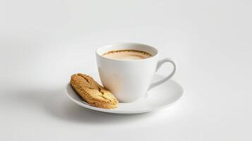 Coffee cup with a saucer and a cantuccini cookie on the side photo