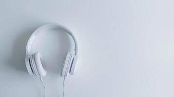 Minimalist style and high-quality audio experience evoked by modern white headphones on a white BG photo
