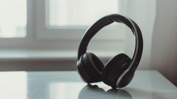 Wireless headphones in black and silver on a table, with gentle daylight streaming photo