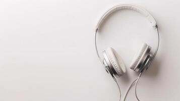 White and silver headphones resting on a clean surface, embodying minimalistic style photo