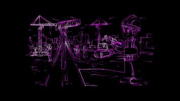 Neon glow effect construction site with a surveyor using a theodolite on black background video