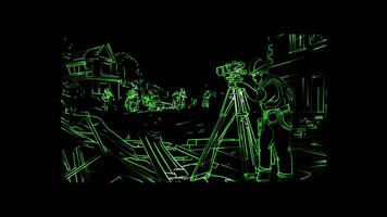 Neon glow effect construction site with a surveyor using a theodolite on black background video