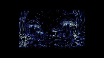 Neon glow effect whimsical forest with giant mushrooms on black background video