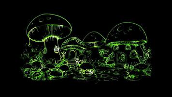 Neon glow effect village in the trees where fairies live in mushroom houses on black background video