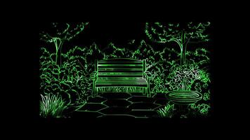 Neon glow effect garden with a bench surrounded by flowers on black background video