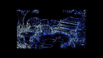 Neon glow effect garden with a bench surrounded by flowers on black background video