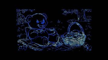 Neon glow effect teddy bear enjoying a picnic with a blanket on black background video