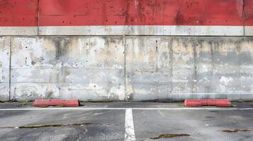 Parking lot with peeling concrete wall paint and two red barriers in front of it. Minimalist photography photo