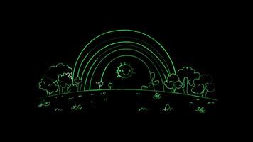 Neon glow effect rainbow with fluffy clouds on black background video