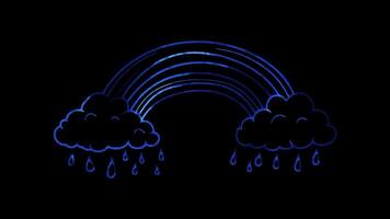 Neon glow effect rainbow with fluffy clouds on black background video