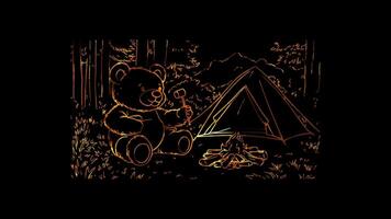 Neon glow effect teddy bear setting up a tent or roasting marshmallows on black background video