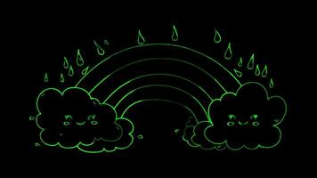 Neon glow effect rainbow with fluffy clouds on black background video
