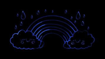 Neon glow effect rainbow with fluffy clouds on black background video