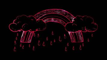 Neon glow effect rainbow with fluffy clouds on black background video