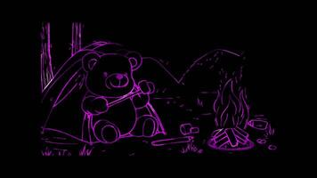 Neon glow effect teddy bear setting up a tent or roasting marshmallows on black background video