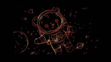 Neon glow effect Teddy Bear in a Space Suit on black background video
