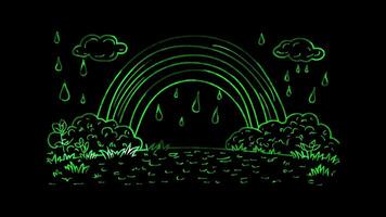 Neon glow effect rainbow with fluffy clouds on black background video